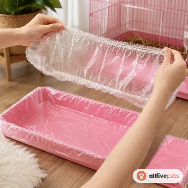 A liner being stretched over an empty pink litter tray