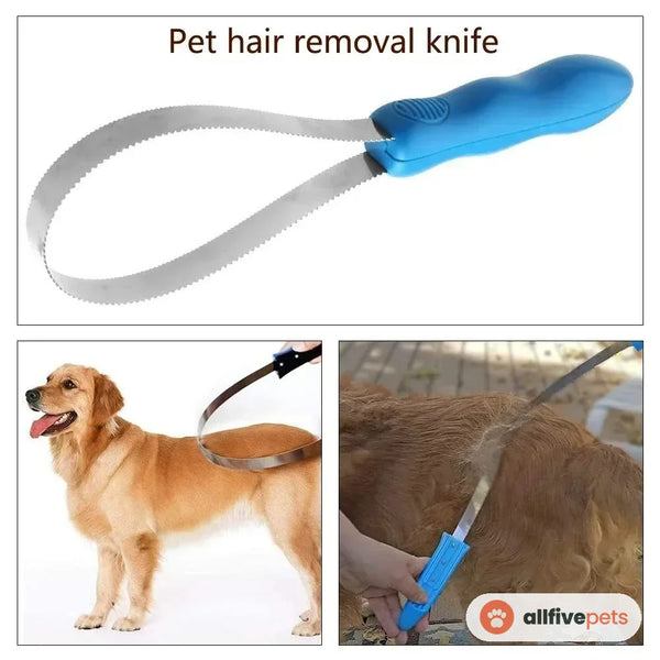 The dual-sided shedding blade with its blue handle, shown with dogs being groomed