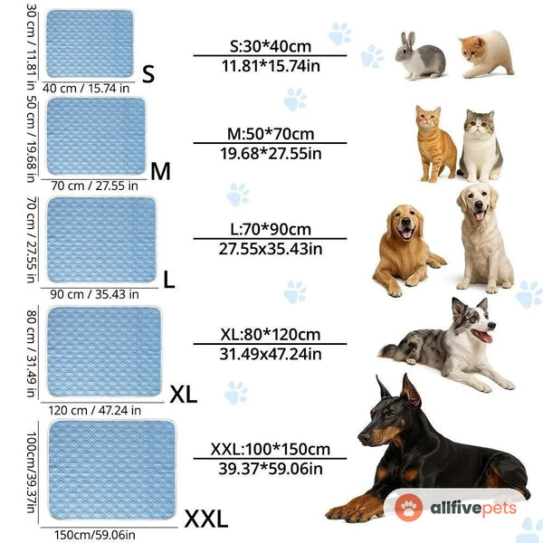 Size chart: five sizes from 30 by 40 cm up to 100 by 150 cm
