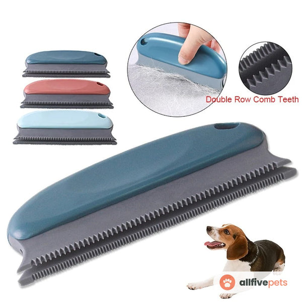 The brush's double row of comb teeth, with a dog resting nearby