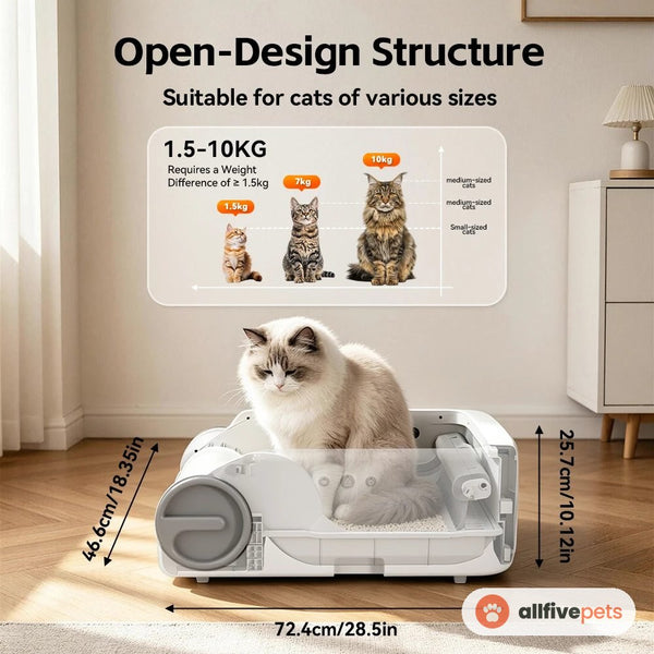 The open-design litter box with its dimensions, 72.4 by 46.4 by 25.7 cm, and a cat sitting in it