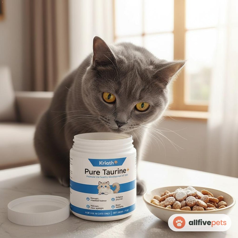A grey cat sniffing an open tub of taurine powder beside a bowl of food