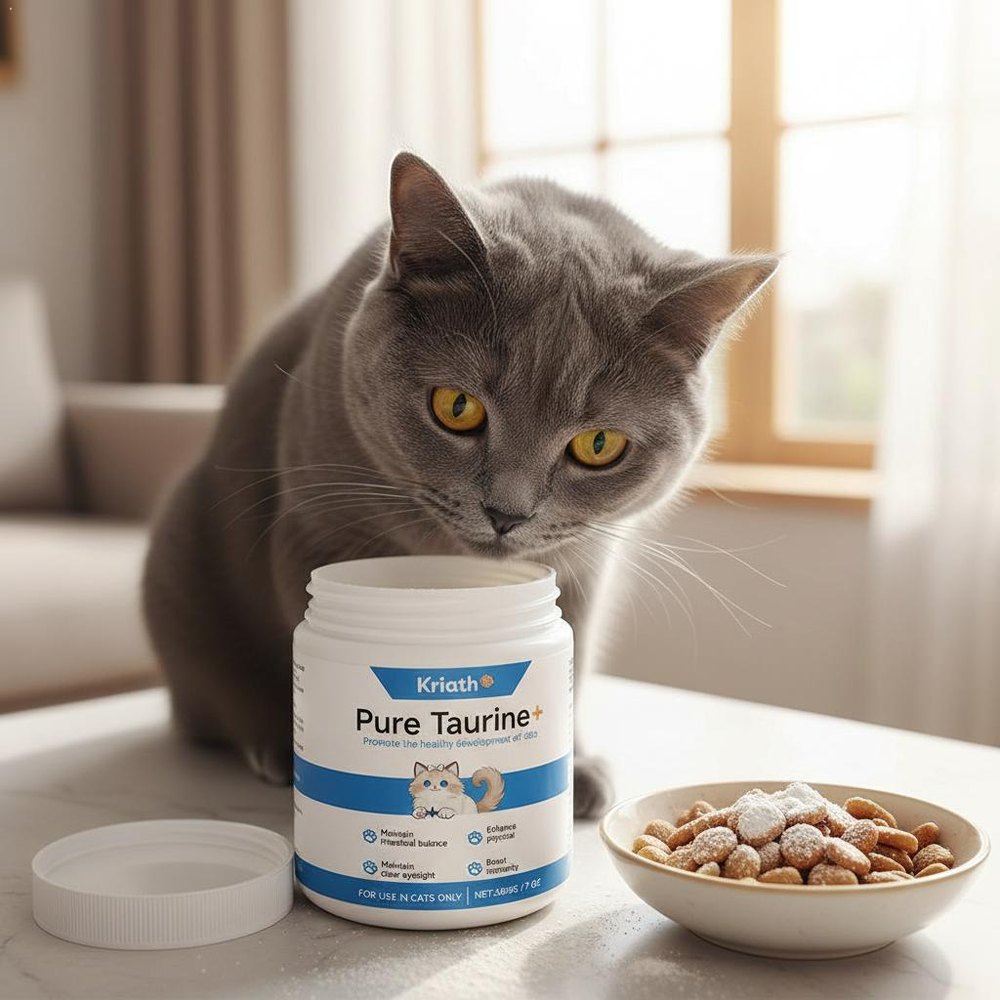 A grey cat sniffing an open tub of taurine powder beside a bowl of food